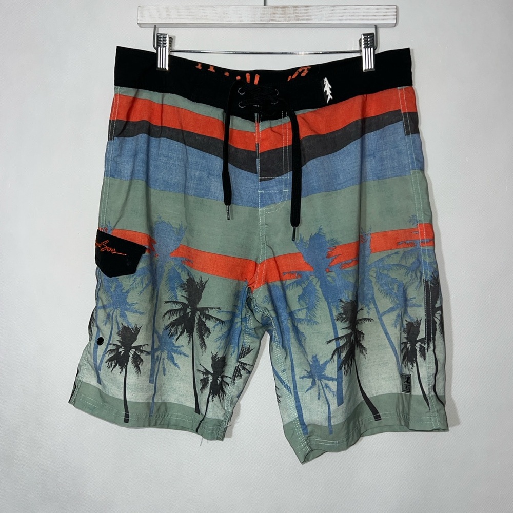 Maui And Sons Swim Trunks Mens Beach Shorts Surf Y2K Funky Tropical Sz 32
